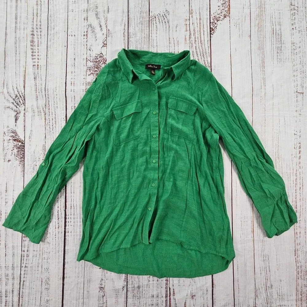 Melissa Paige Green Button Front Boyfriend Shirt Blouse Large Spring Minimalist - Picture 1 of 8